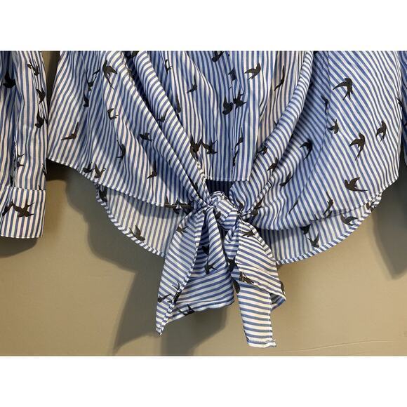Express Blue Striped Bird Off Shoulder Shirt Blouse Top Size Small Peasant Crop - Picture 5 of 13